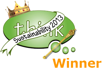 A green 3-d oval think bubble with the word "think" on it with a crown and a sash on it saying "Sustainability 2013" and the words winner on the bottom right. 